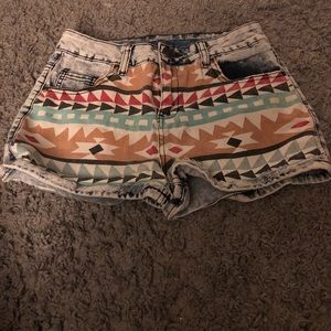 High waisted printed denim shorts